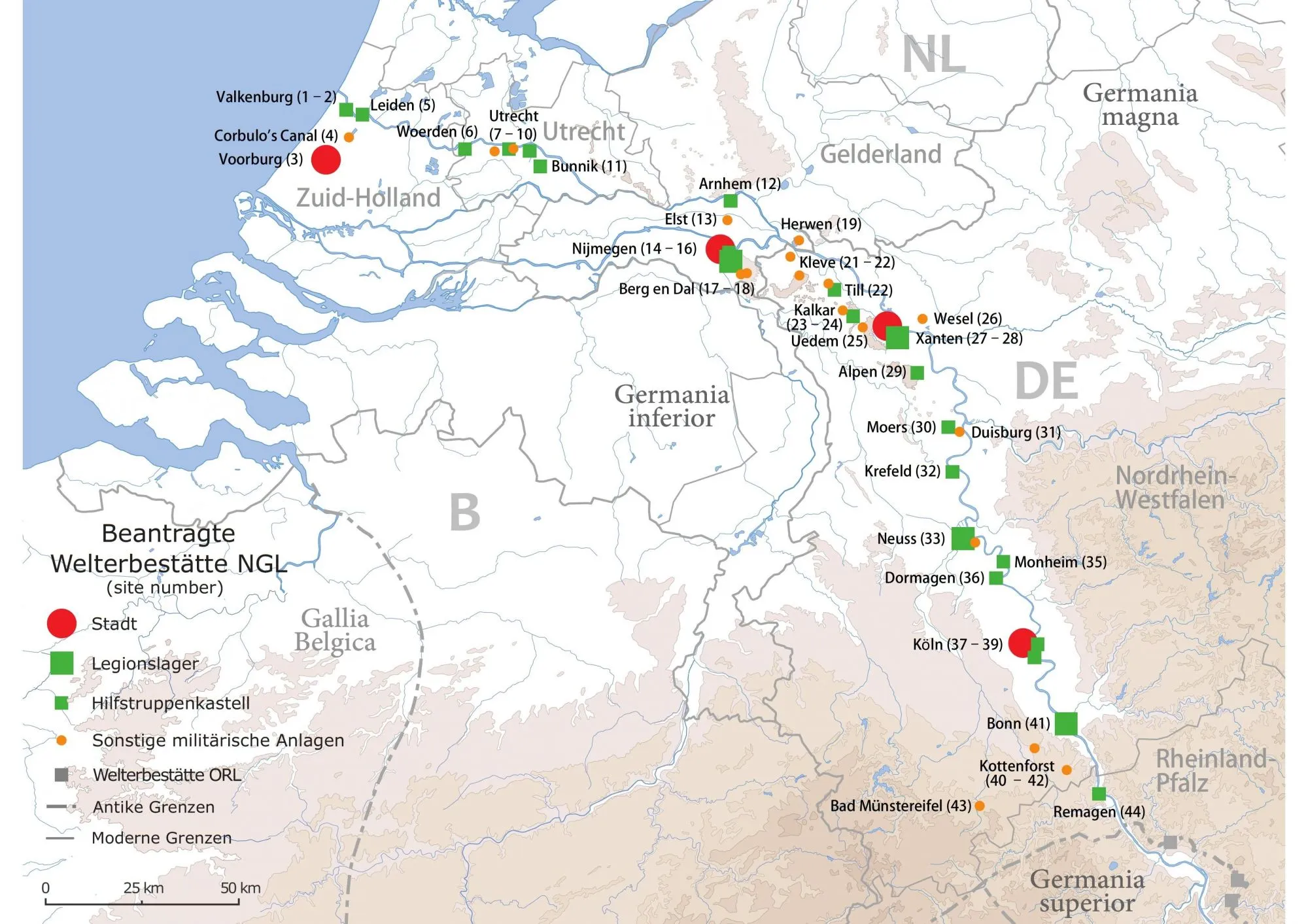 Fundplätze entlang des Niedergermanischen Limes (Grafik: S. Bödecker/E. Rung, LVR-Amt für Bodendenkmalpflege/M. Pütz, LVR-LandesMuseum Bonn/Kartengrundlage: GLOBE Task Team) Niedergermanischer Limesxl2000