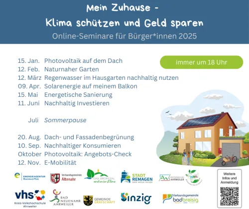Online Vortragsreihe "Mein Zuhause - Klima schützen und Geld sparen" 2025 Online Vortragsreihe "Mein Zuhause - Klima schützen und Geld sparen" 2025